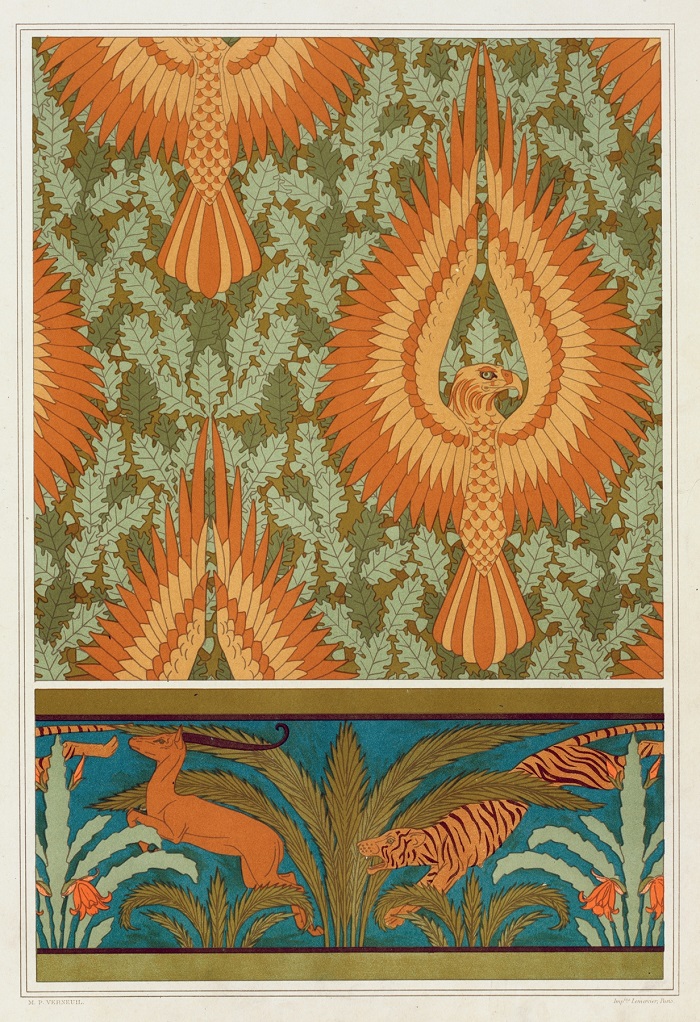 Aigles et chene, papier peint. Antilopes, tigres, cactus et palmiers, bordure. (1897)