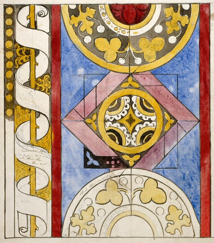 Motifs geometriques et bordure a phylactere enroule autour d'une tige vegetale