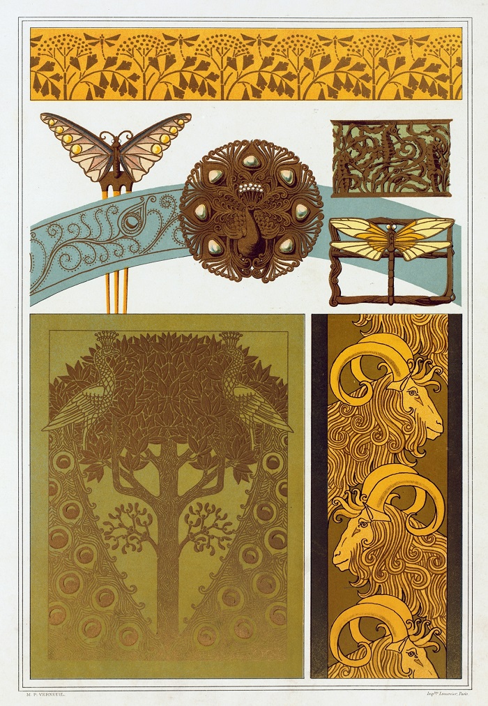 Libellules, fer a dorer; papillon, paon, hippocampes et libellule, bijoux; paons, fer a dorer; chevres, bordure (1897)