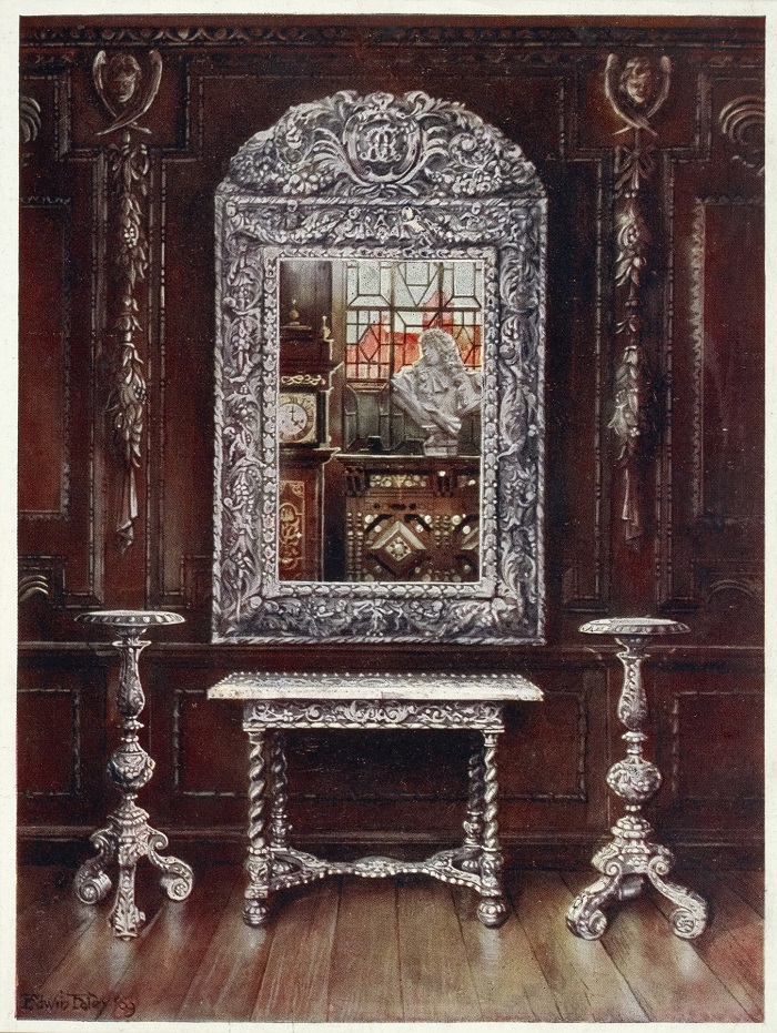 Mirror, gueridons, and table overlaid with silver plaques (1910 - 1911)