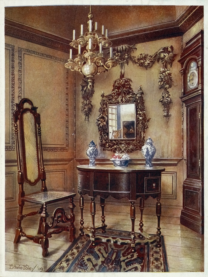 Panelling, from an old house, Mirror frame, Walnut table, walnut chair, Walnut high-case clock (1910 - 1911)