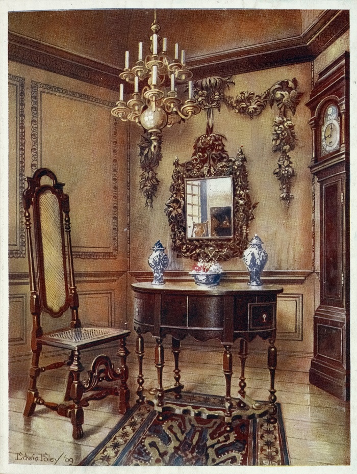 Panelling, from an old house, Mirror frame, Walnut table, walnut chair, Walnut high-case clock (1910 - 1911)